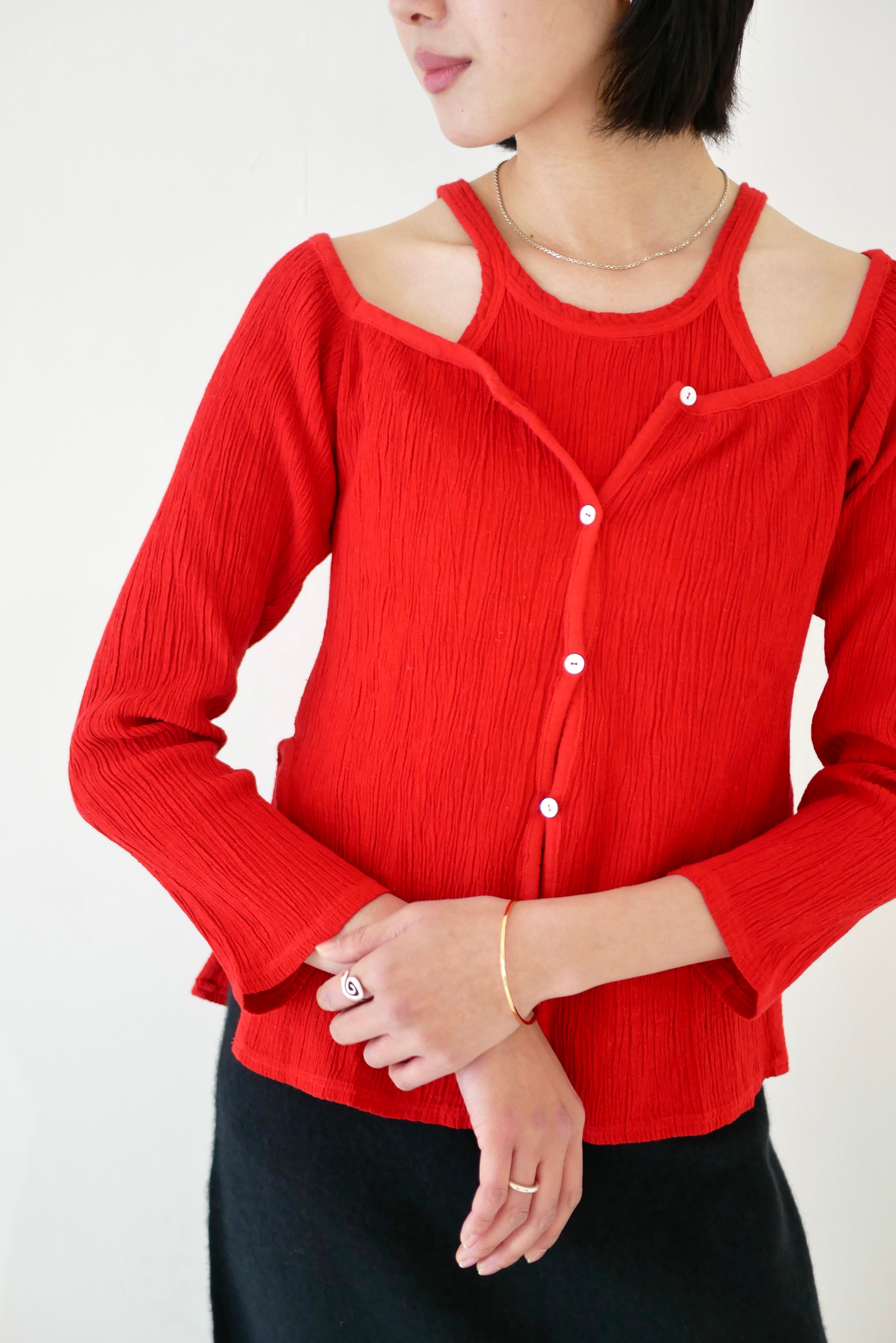 Wrinkle Cotton Square Neck Cardigan / Red – unlike