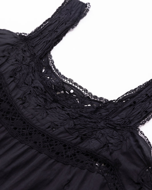 French Antique Cotton Lacy Dress #4 / Black Dyed