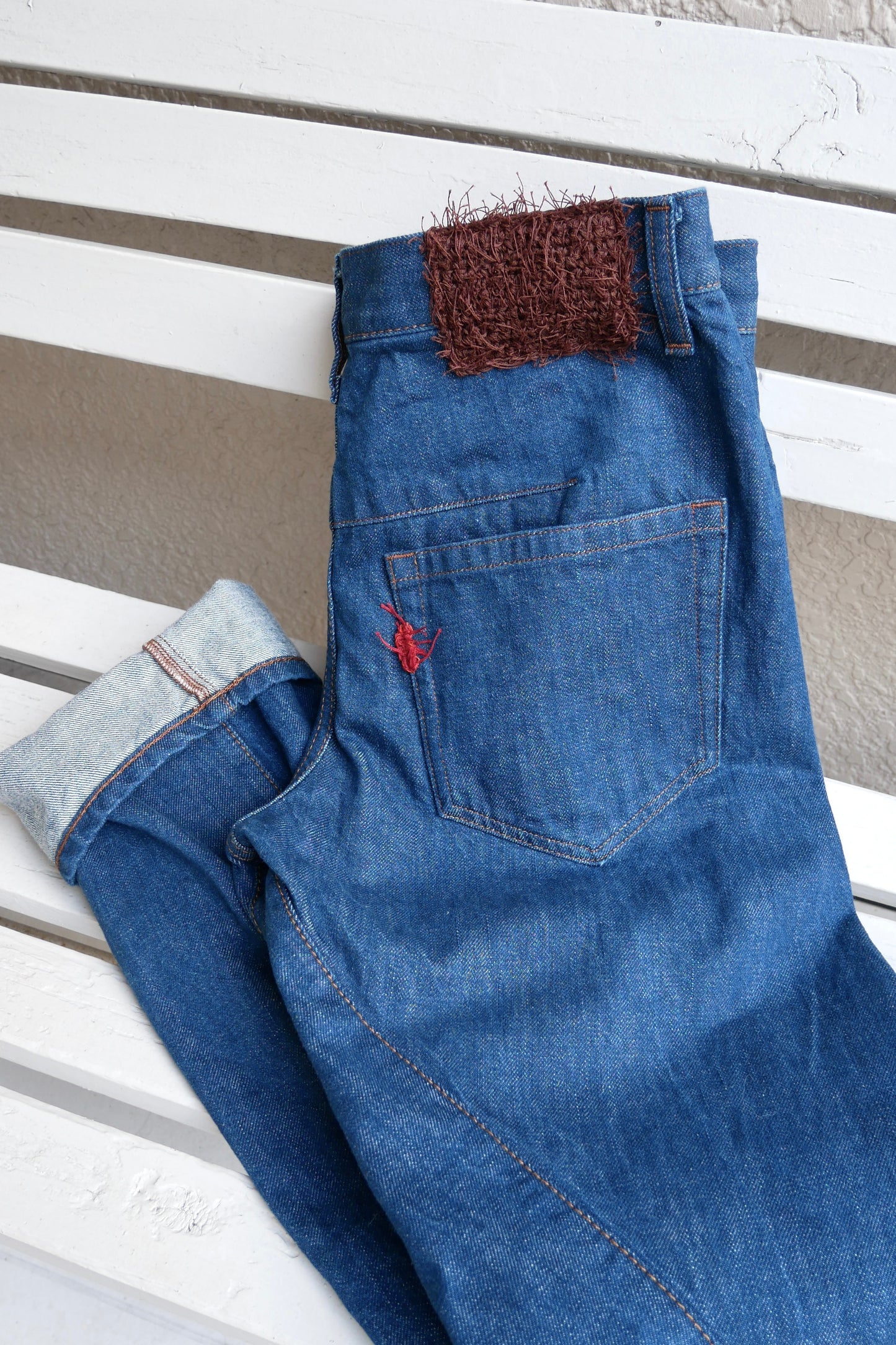 Gu-Vibes Red With Selvedge-ish Crochet Stitches (Indigo)