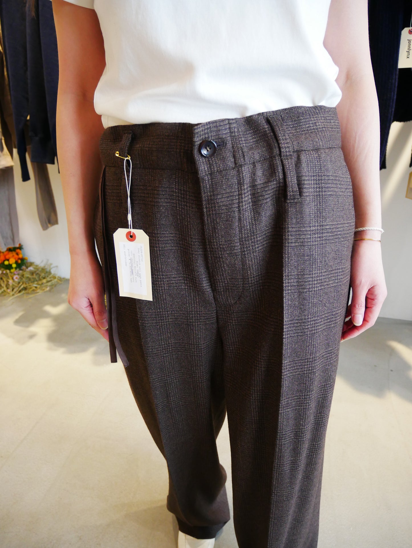 2way stretch wool wide pants (checked brown/navy)