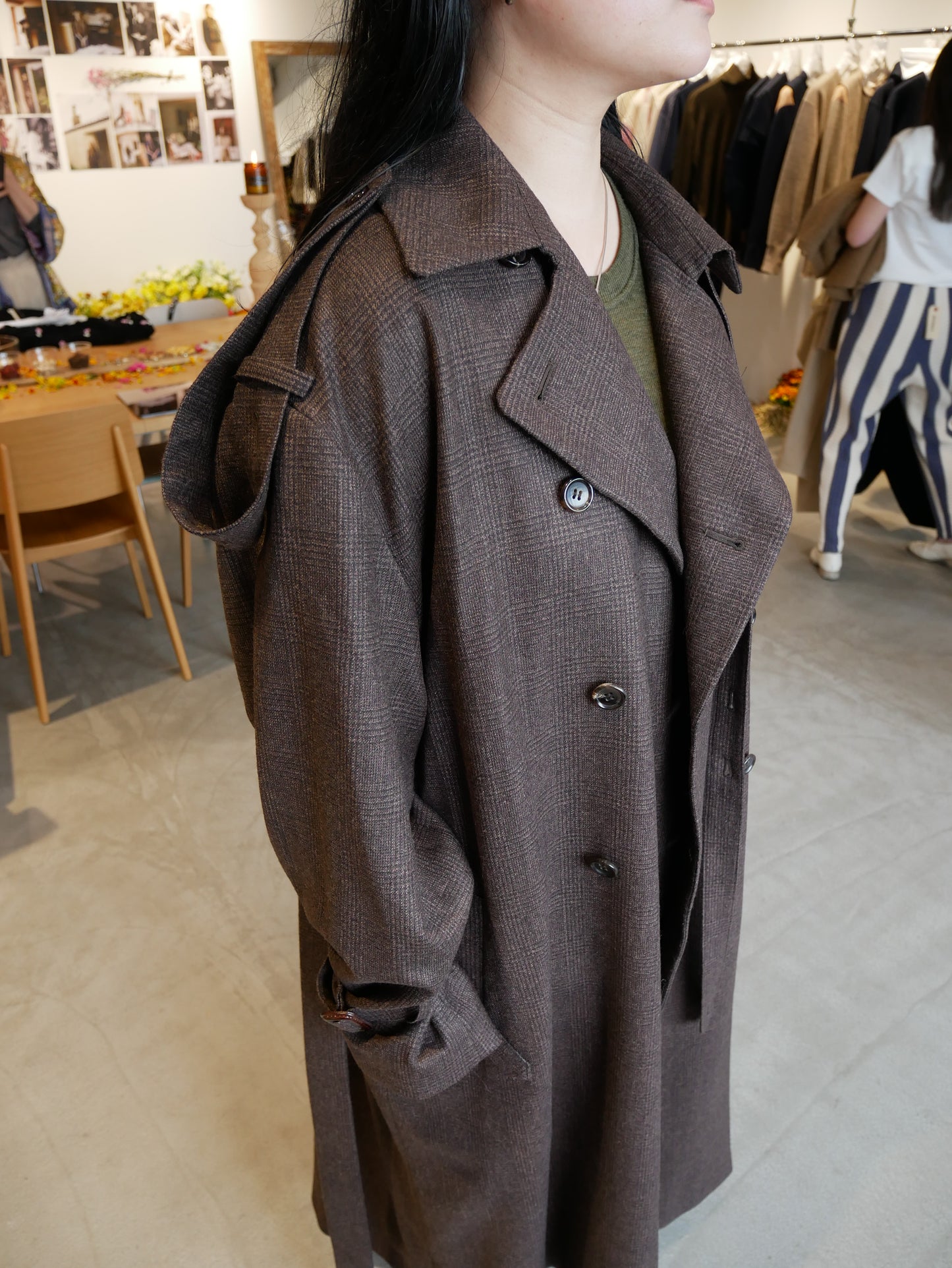 2way stretch wool trench coat (checked brown/navy)