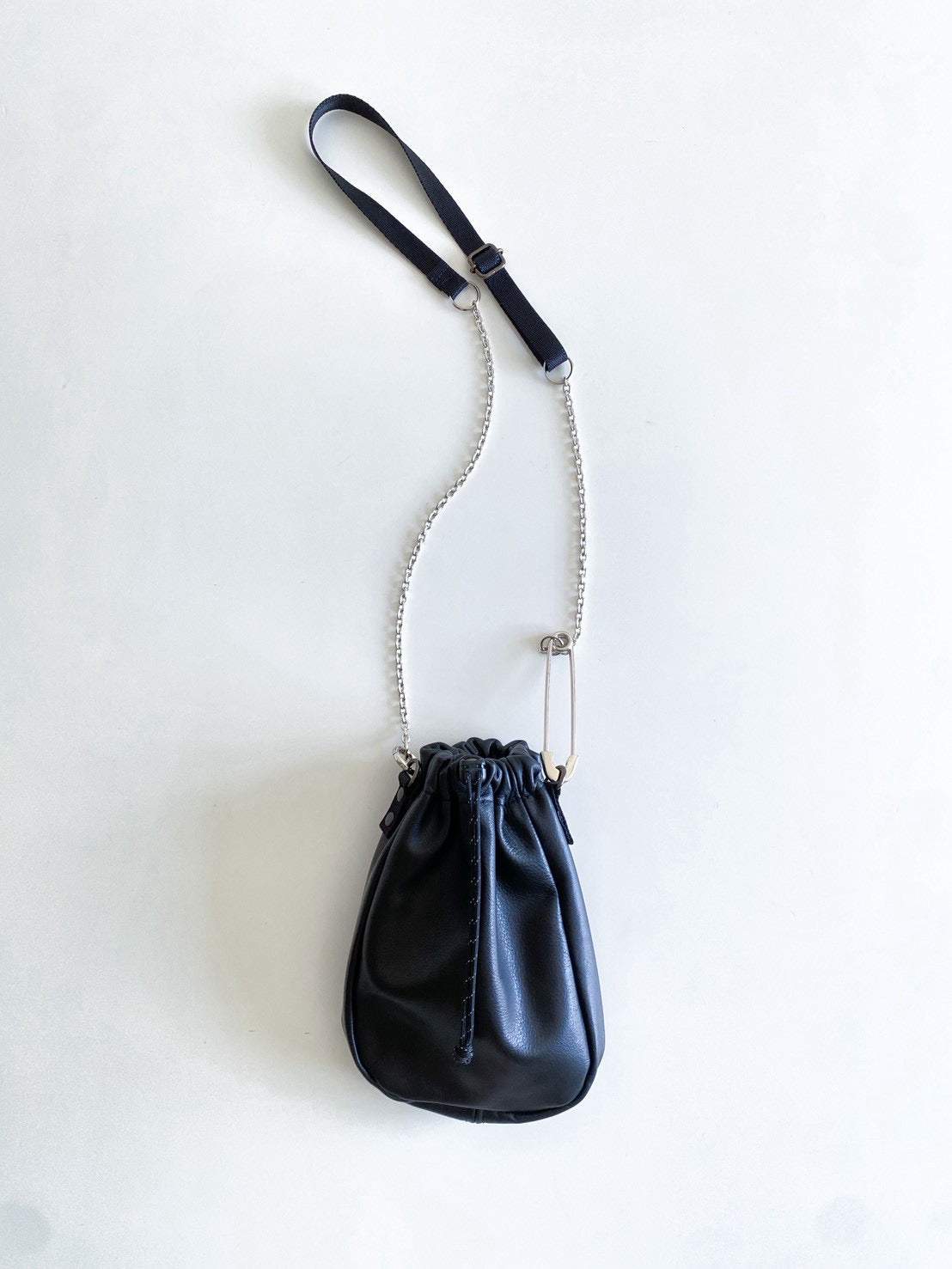 Safety Pin Leather Drawstring Bag (Black)