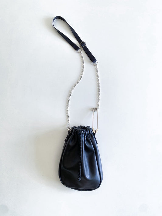 Safety Pin Leather Drawstring Bag (Black)