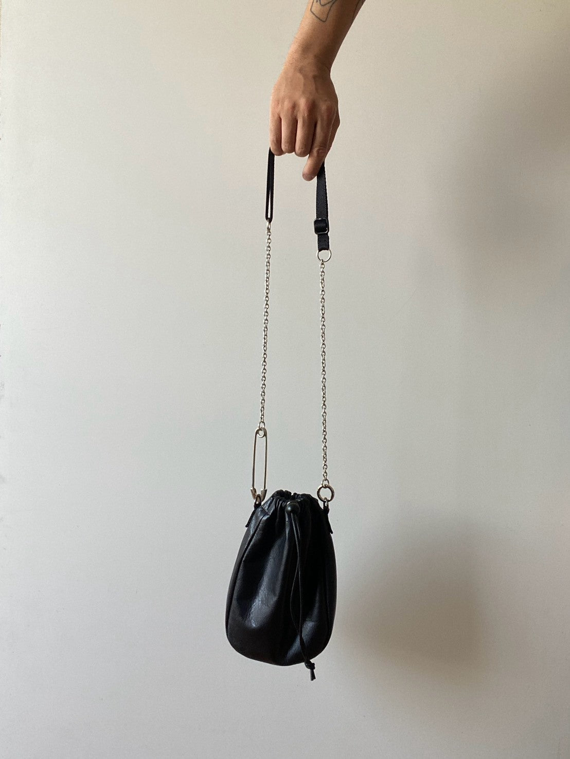Safety Pin Leather Drawstring Bag (Black)