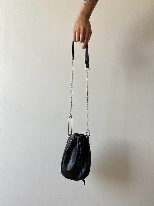 Safety Pin Leather Drawstring Bag (Black)