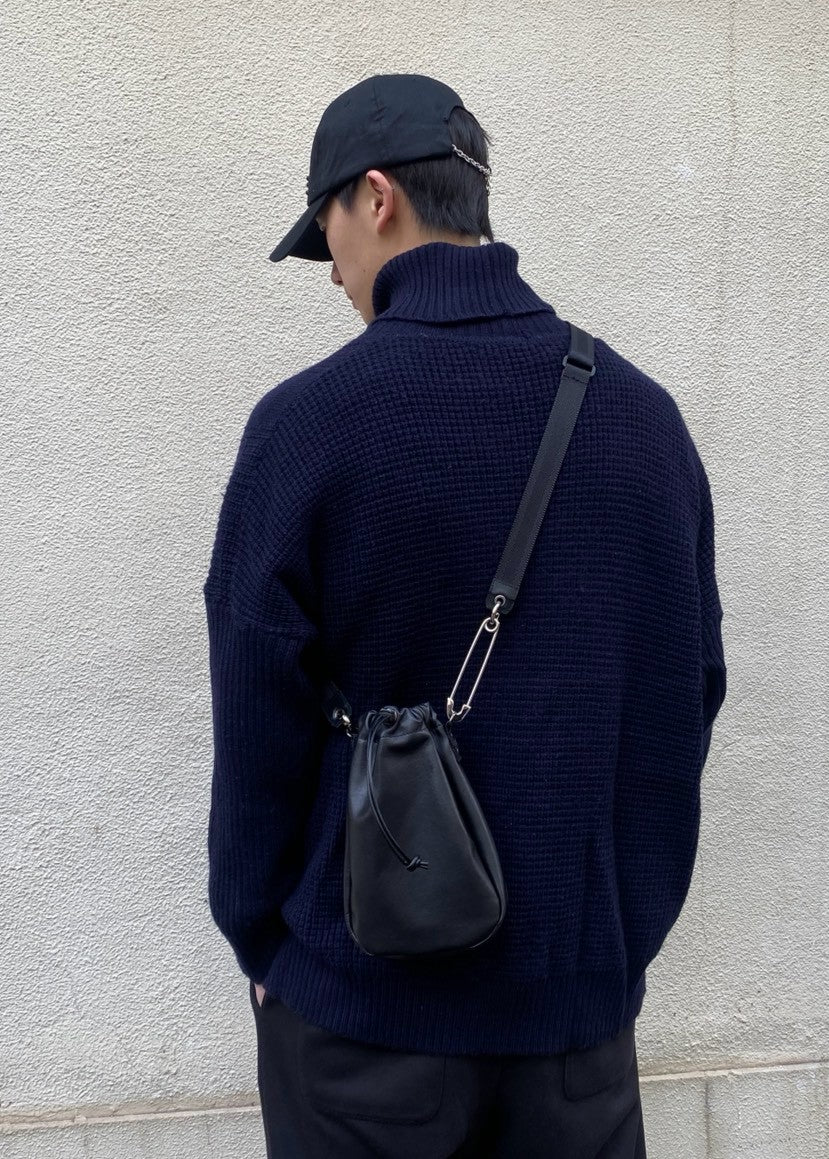 Safety Pin Leather Drawstring Bag (Black)