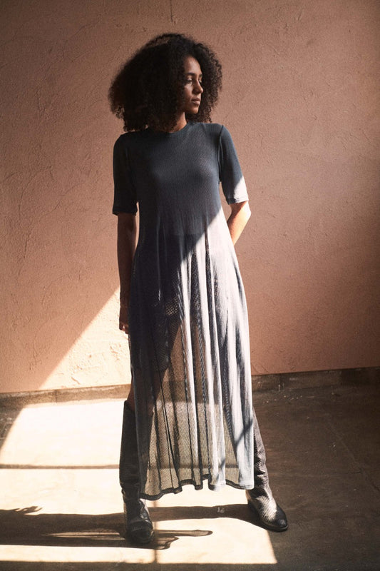 voile rib long dress (black)